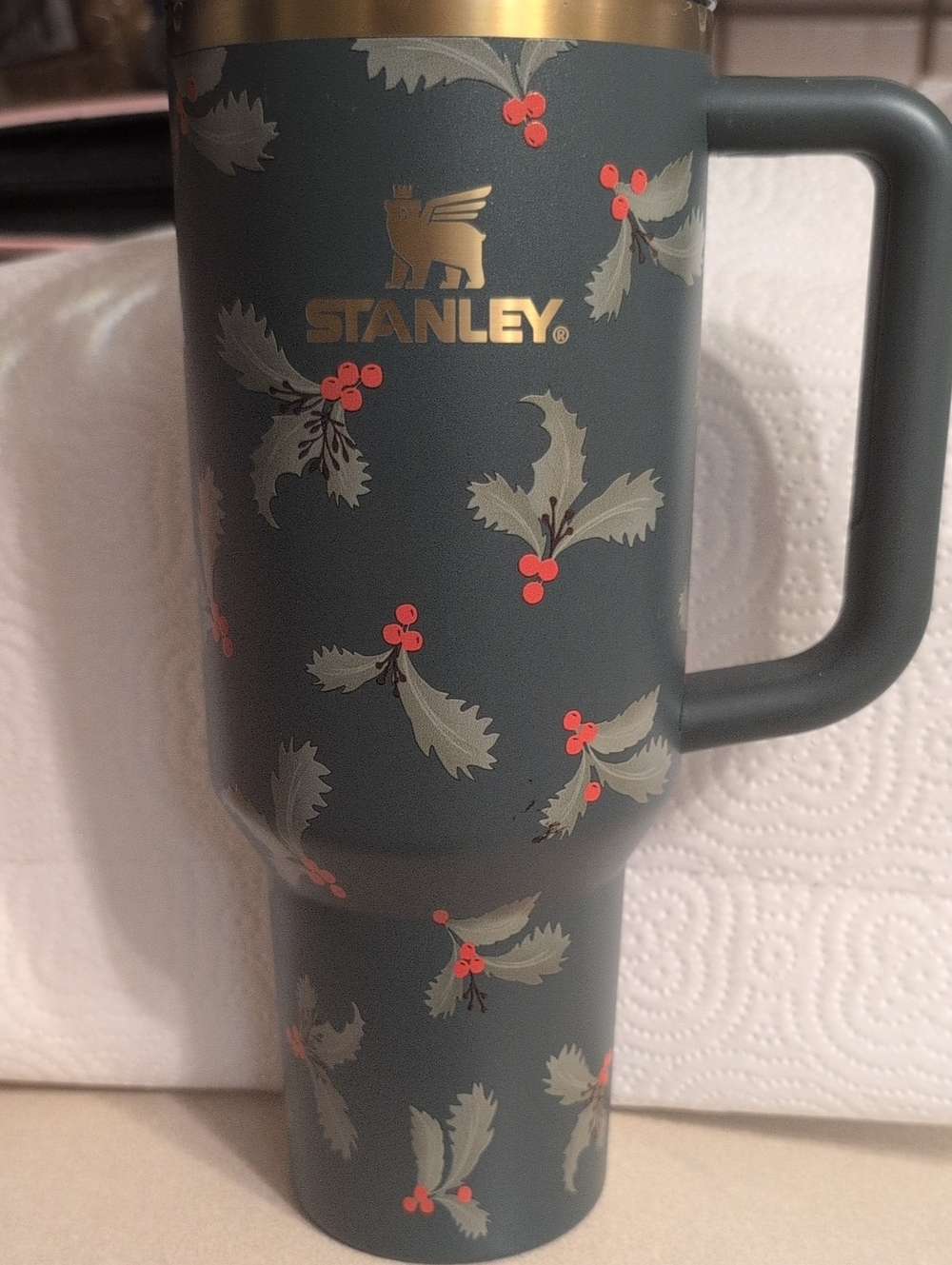 Stanley Green Holiday Holly Travel Mug with Gold Logo